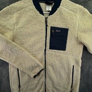 Patagonia Men Sherpa Fleece Bomber Coat Beige XL Full Zip Chest Pocket Outdoors